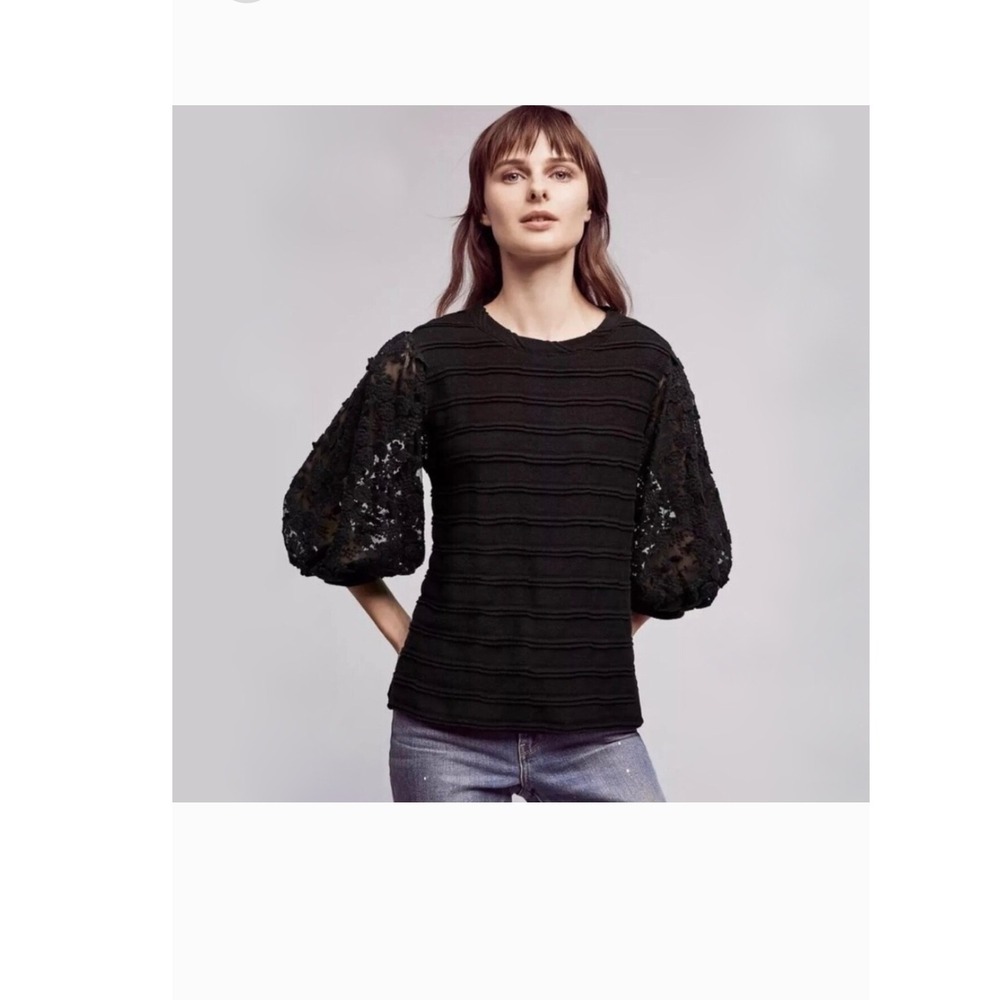 Eri + Ari  chelsea top Black Textured Lace Balloon Sleeves Women's Blouse medium